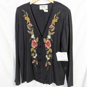 Vintage 1997 NWT Susan Bristol Hand Embroidered Floral Vneck Cardigan Sweater XL